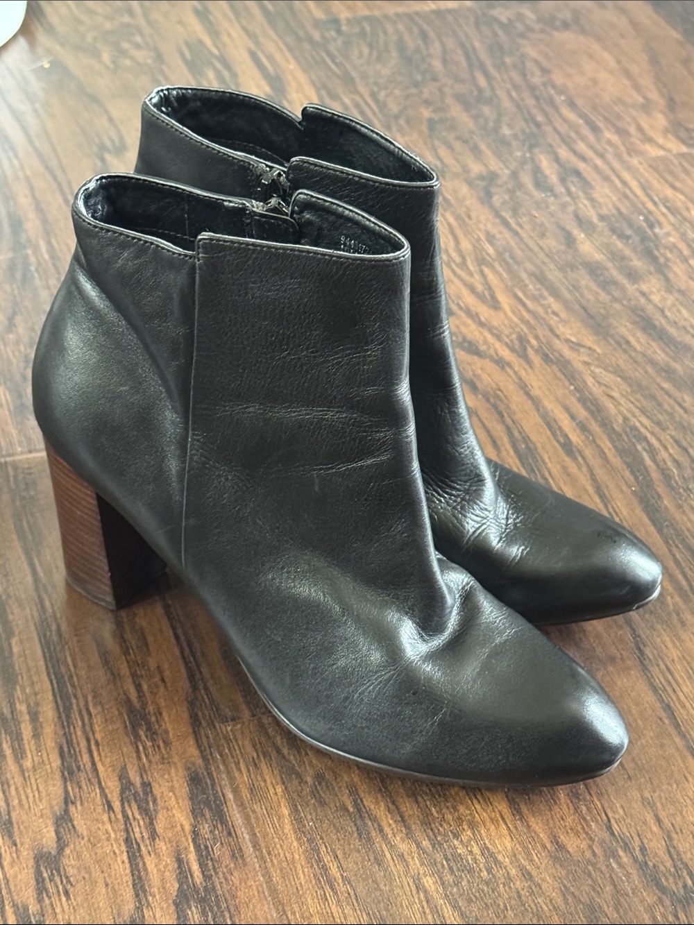 14th & Union Black Leather Pointed Ankle Booties with Stacked Heel